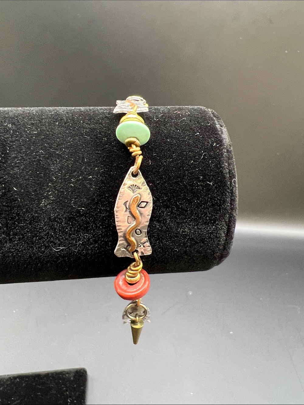 Artisan Green and Red Bead Fish Charm Bracelet